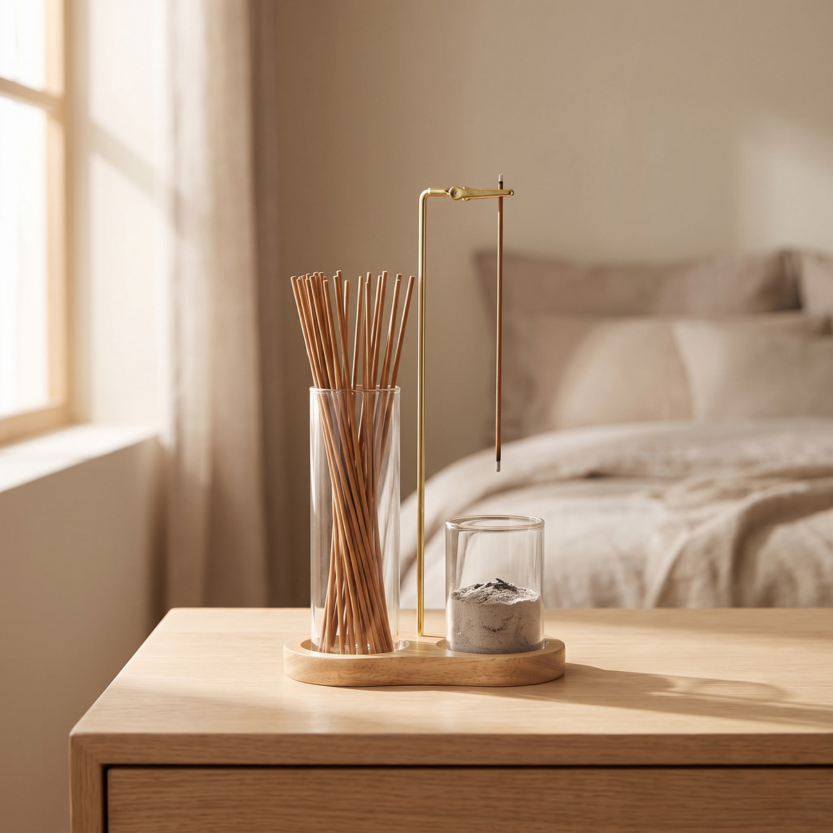 A clean nightstand — ash contained in the glass cup