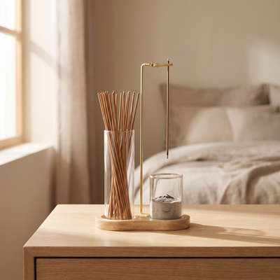 A clean nightstand — ash contained in the glass cup