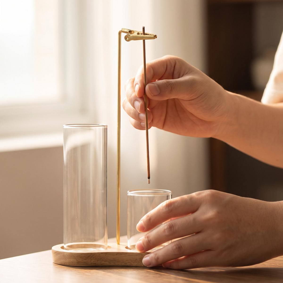 Placing a stick into the brass clip