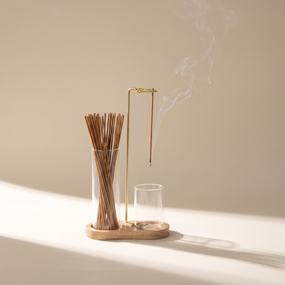 The Kodo Burner — beech tray, brass clip, glass vessels