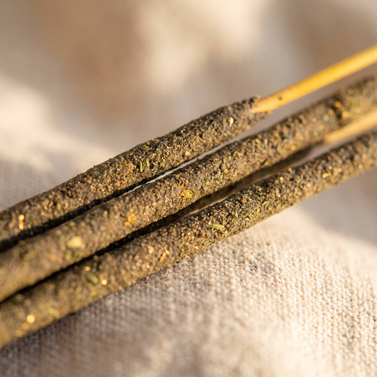 Close texture of the slim hand-rolled sticks — herb-flecked paste over a bamboo core