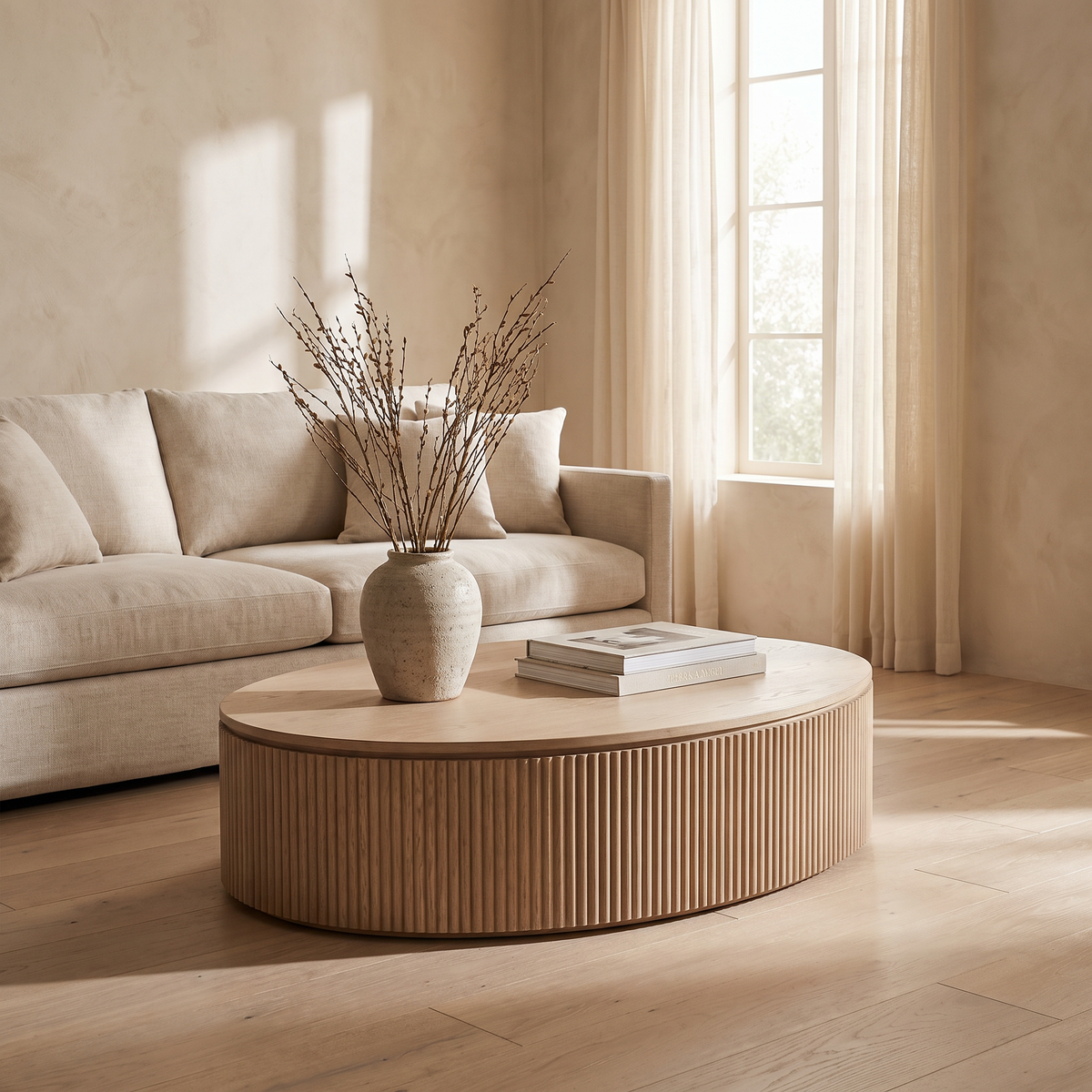 Fluted oval coffee table styled in a sunlit living room