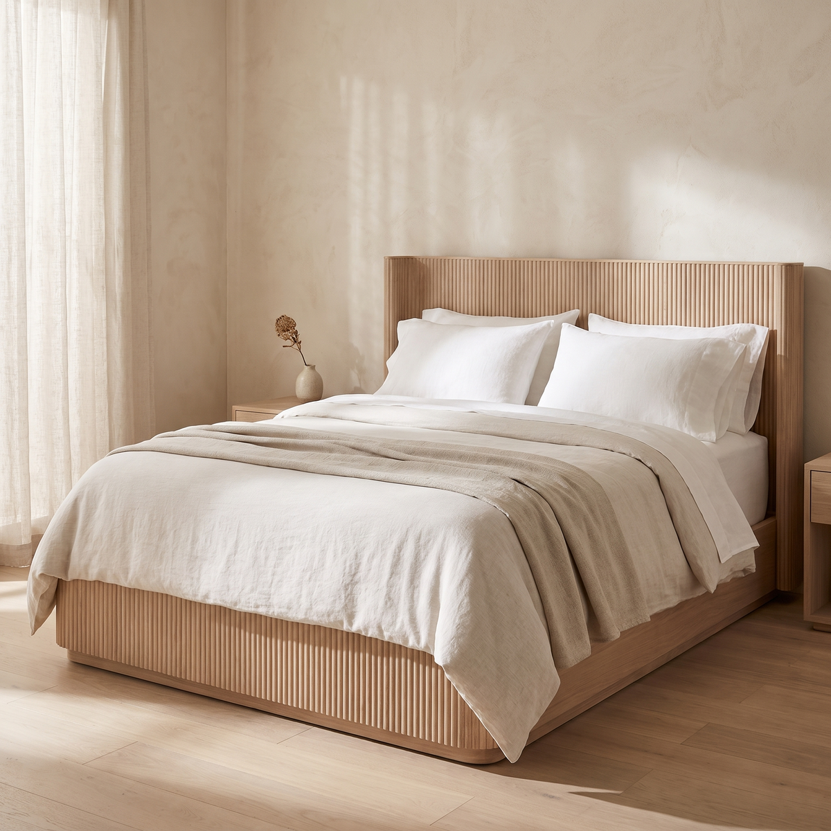 Fluted oak bed styled in a calm minimalist bedroom