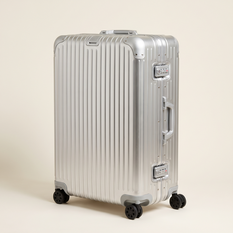 Brushed aluminium ribbed trunk suitcase