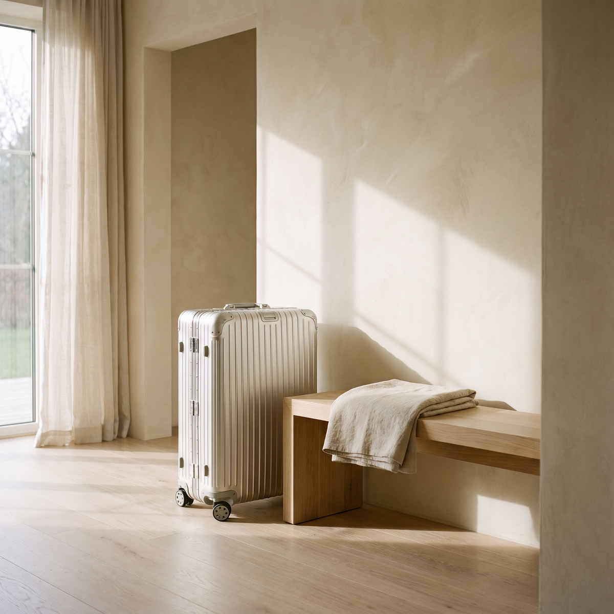 Aluminium trunk in a minimalist entryway