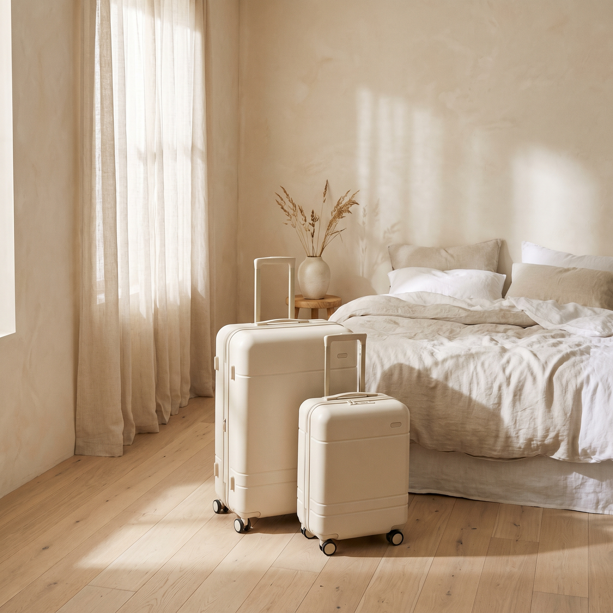 Cream luggage in a minimalist bedroom