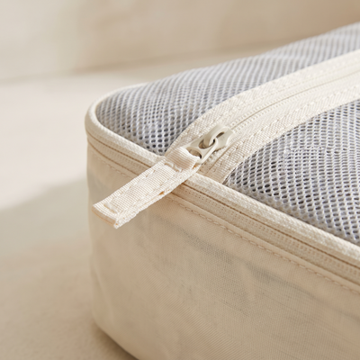 Detail of the mesh top and cream nylon