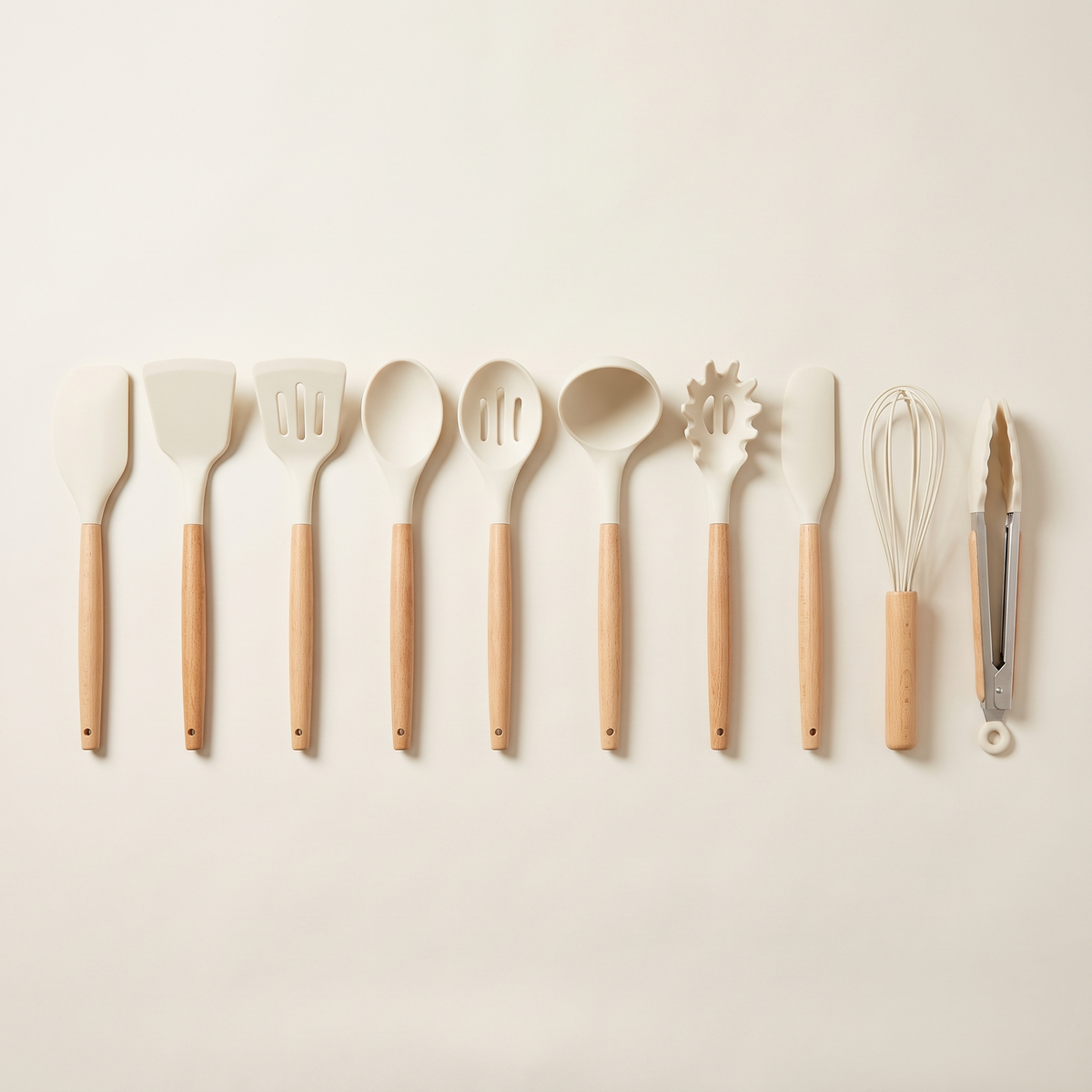 Ten-piece cream and oak kitchen utensil set