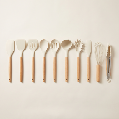 Ten-piece cream and oak kitchen utensil set