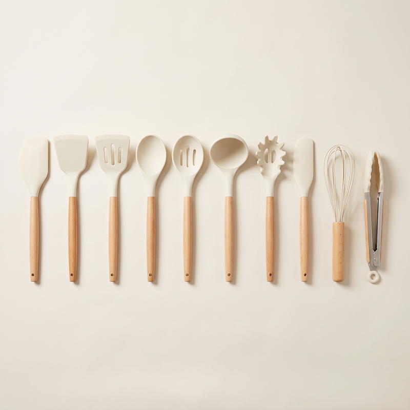 Ten-piece cream and oak kitchen utensil set