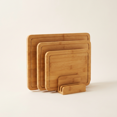Four-piece bamboo chopping board set with stand