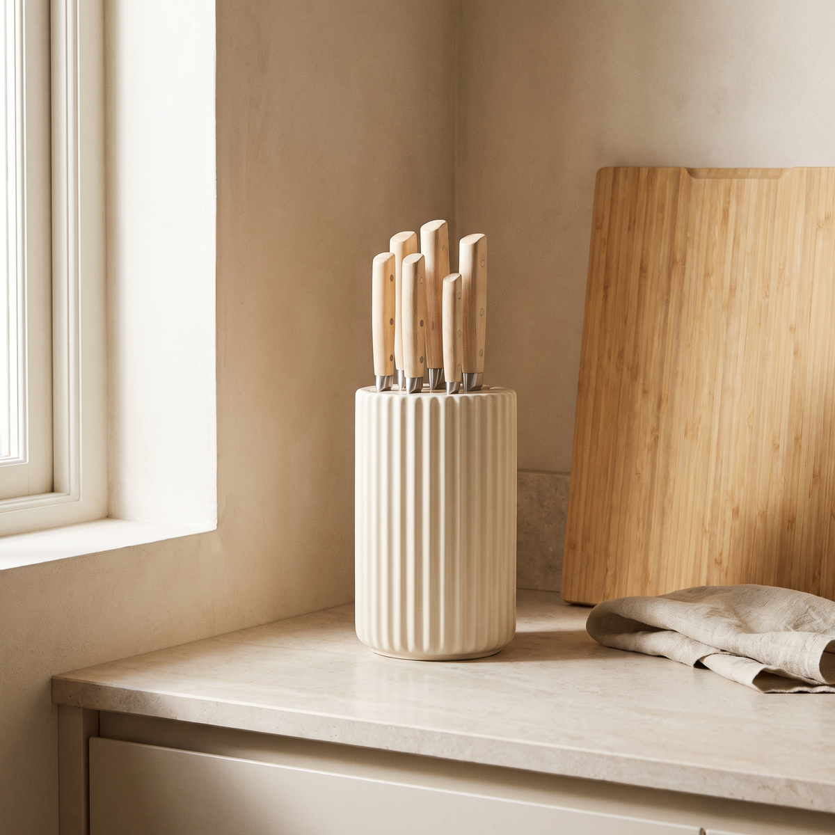 Fluted knife block on a kitchen counter