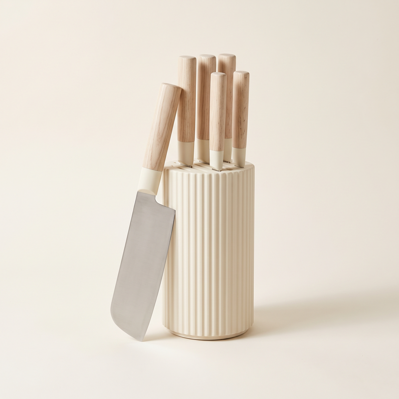 Six-piece knife set in a fluted cream block