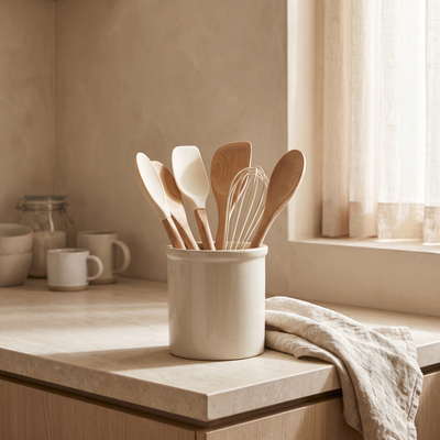 Cream and oak utensils in a stoneware crock on a kitchen counter