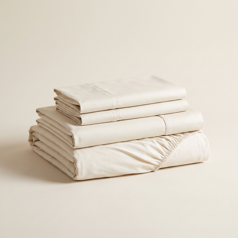Bone white washed sateen sheet set, folded