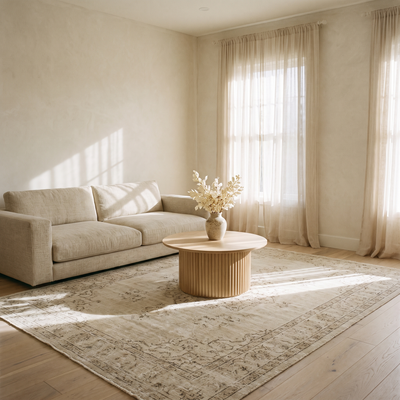 Vintage wash rug in a minimalist living room