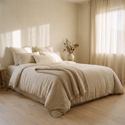Sand comforter set styled in a minimalist bedroom
