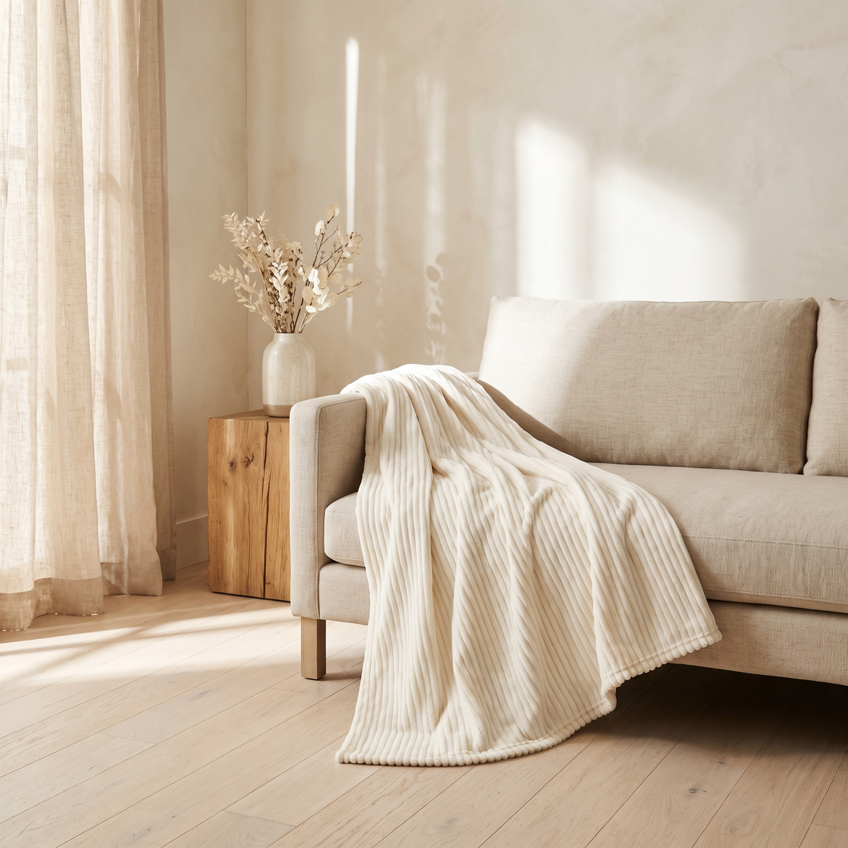 Ribbed fleece blanket draped over a linen sofa