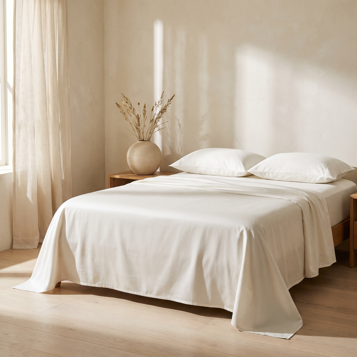 Sateen sheets made up on a bed in a bright bedroom