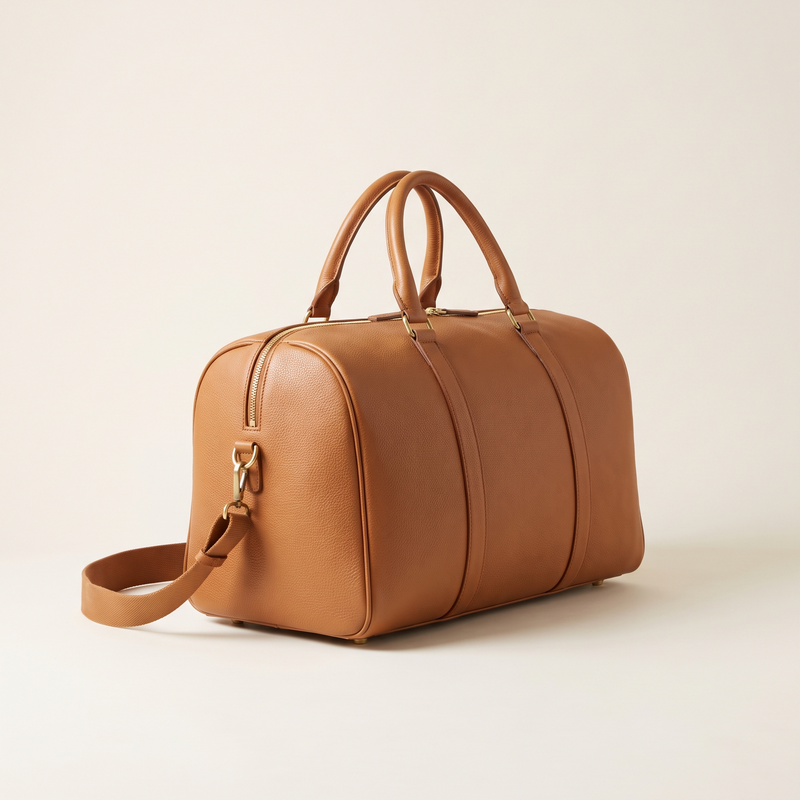 Saddle tan pebbled leather weekender duffle