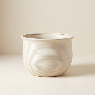 Ribbed bone-cream stoneware planter