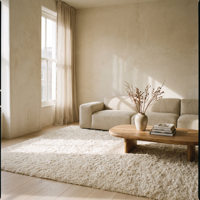 Shag rug in a minimalist living room