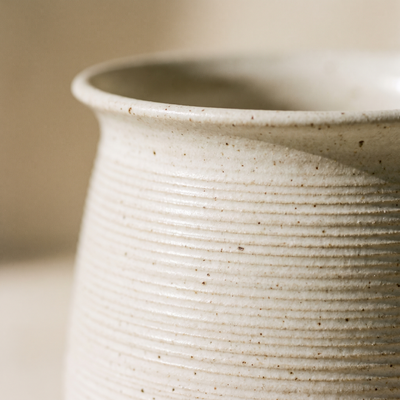 Detail of the horizontal ribbing and speckled glaze