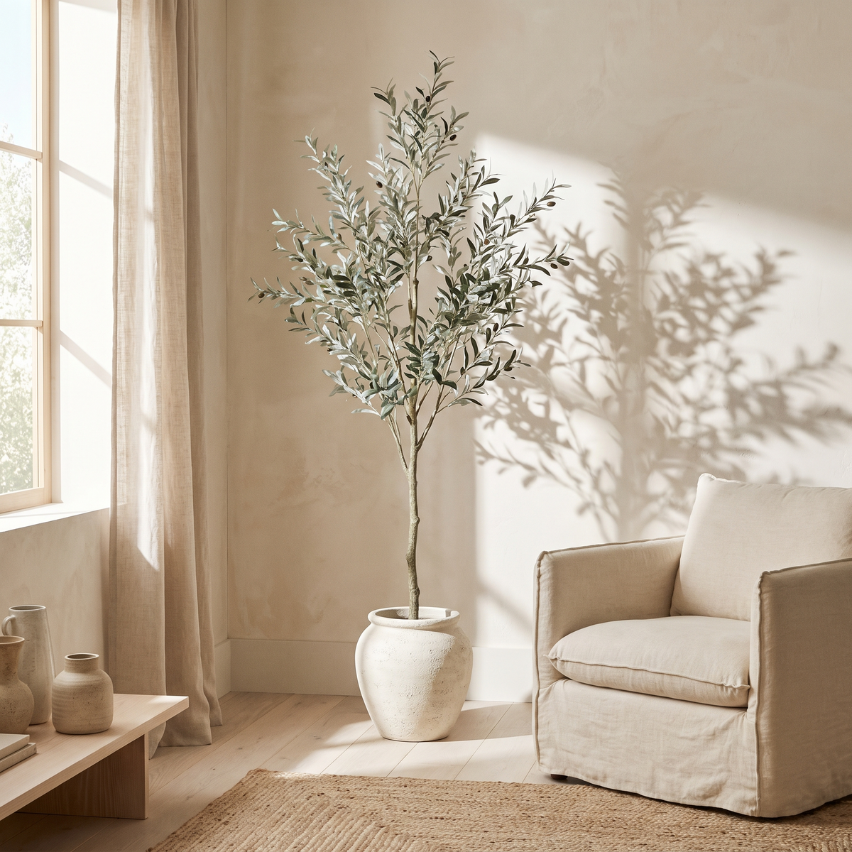 Olive tree in the corner of a sunlit living room