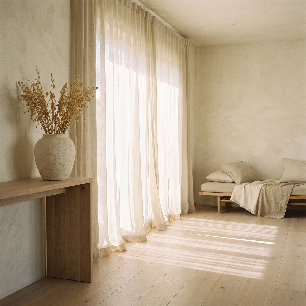 Sheer linen curtains filtering light in a living room
