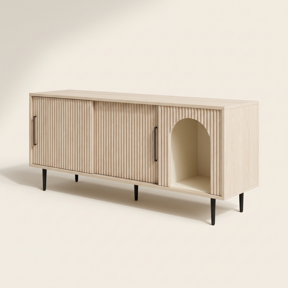 Low fluted pale oak cabinet with sliding door and arched opening