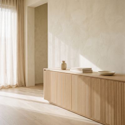 Fluted oak litter cabinet styled in a hallway