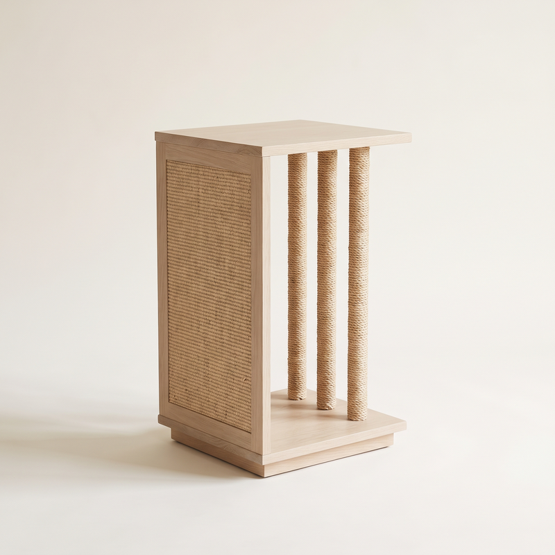 Pale oak side table with natural sisal scratching panel