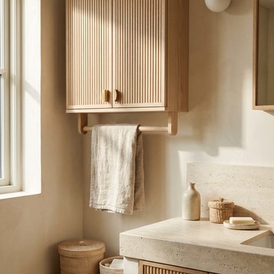 Fluted wall cabinet mounted in a minimalist bathroom
