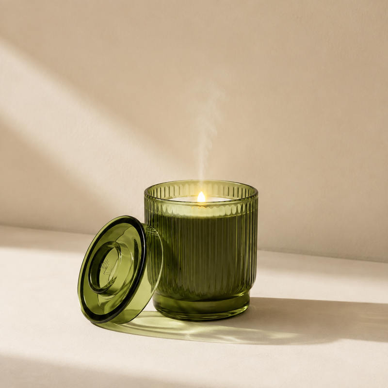 The Kōdō Candle in Ribbed Olive, lid resting against the vessel