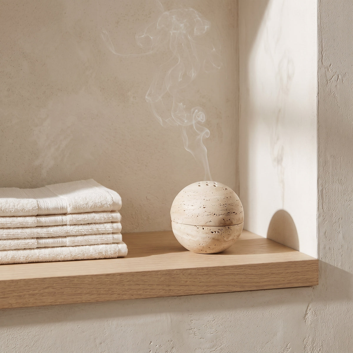 The Stone Burner on a narrow bathroom shelf beside folded towels
