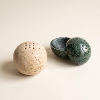 Two Stone Burners together — travertine closed, green marble open